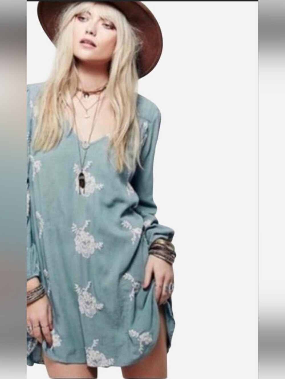 🌿 Free People Emma's Embroidered Mini Dress M Sage Green Cutout Back Tunic 🌿